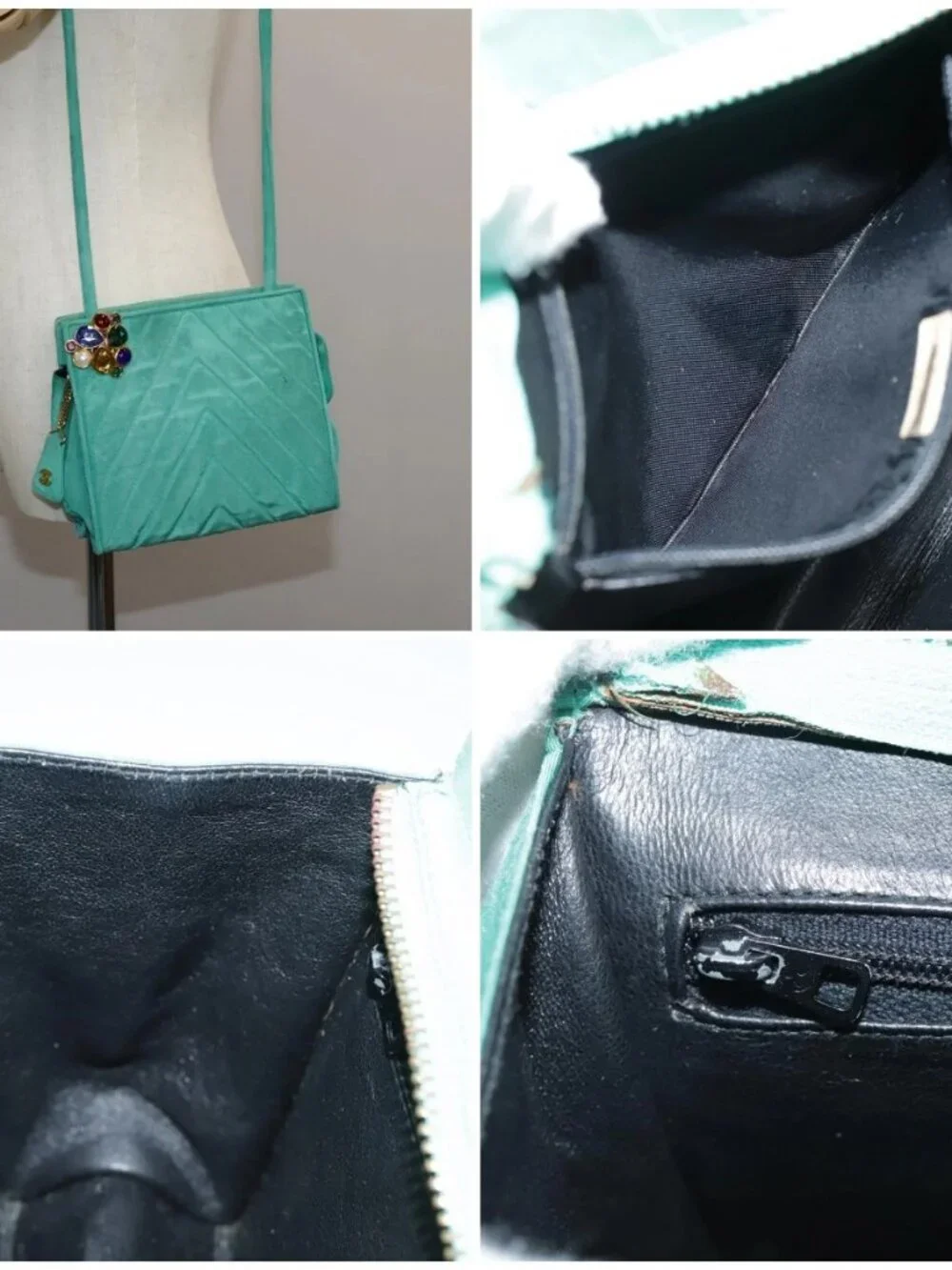 CHANEL V stitch Shoulder Bag Nylon Green Gold CC Auth 107879